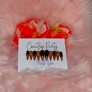 Custom press on nails long size medium brown and gold with gold charms